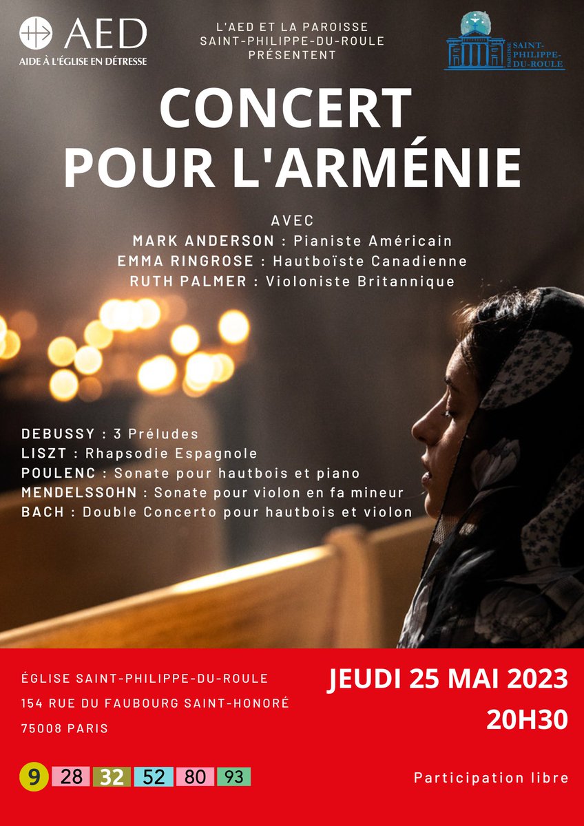 📌 [J-7] 📅 Jeudi 25 mai à 20h30 🎶🎹🎼 
concert en soutien #armenie avec trois grands musiciens internationaux : Mark Anderson au piano, Emma Ringrose au hautbois et Ruth Palmer au violon. 
📍Église Saint-Philippe-du-Roule
Plus d’infos : 👉aed-france.org/evenement/conc…