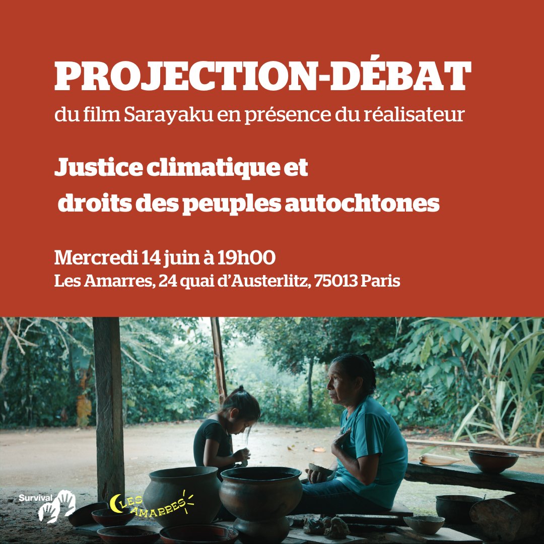 Ne manquez pas une rencontre exceptionnelle avec @PoulainOriginal et @survivalfr. Venez découvrir son documentaire Sarayaku et échanger autour de la justice climatique et des droits des peuples autochtones. 🗓️ Mercredi 14 juin à 19h aux Amarres. 👉svlint.org/Projection-Sar…