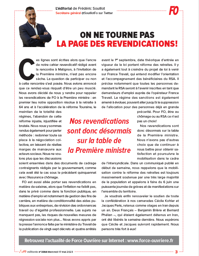 force_ouvriere's tweet photo. [#Edito @SouillotFo] On ne tourne pas la page des revendications!
"Nos revendicat° sont désormais sur la table de la Première ministre.
Nous n’avons pas d’autres choix que de continuer à nous battre pr obtenir satisfact° &amp; poursuivre la mobilisat° ds le cadre de l’intersyndicale" https://t.co/YWm8LsRcIq