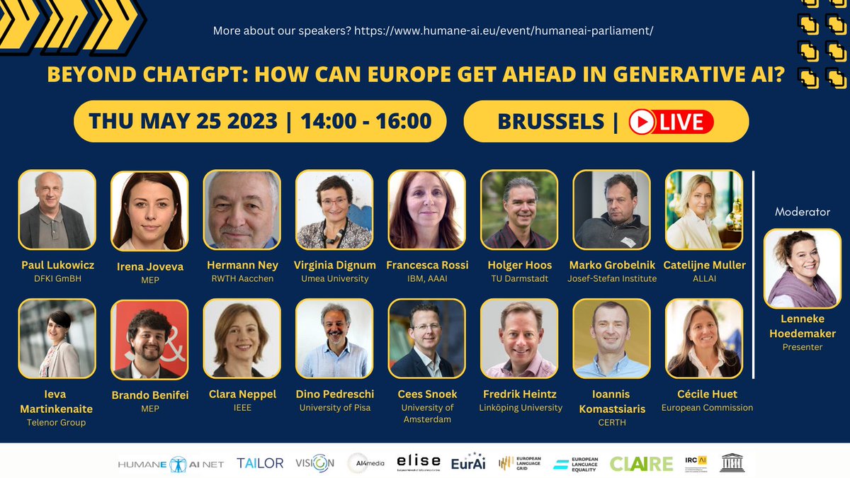 Want to know more about the Future of AI in Europe? We're hosting an event in the EU parliament encompassing scientific leaders, politicians &amp; industrial stakeholders. 

Register by May 23 to get the streaming link: forms.gle/vU9QsbVhkZHUtu… 
webpage: humane-ai.eu/event/humaneai…