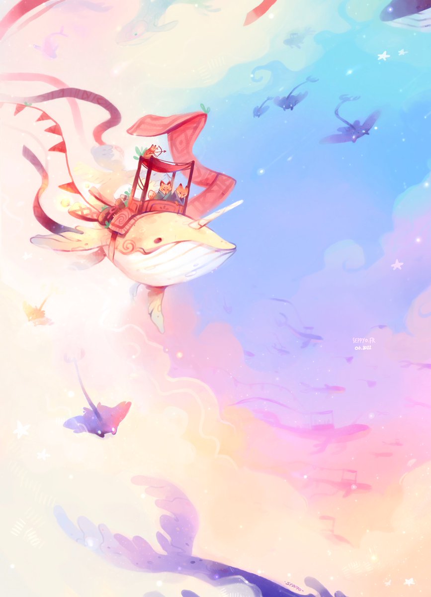 Peuple renard en destination d’une nouvelle île volante pour construire leurs nouvelles vies… 🦊🐳🌟✨🌌

#illustration #voyage #digitalart #art #childrenart