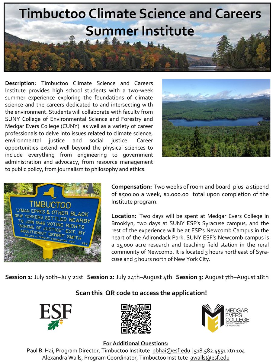 Registration is open! If you or someone you know is a HS student in the 5 boroughs, the Timbuctoo Climate Science and Careers summer Institute is an exciting 2-week opportunity. Includes stipend, meals and lodging. esf.sjc1.qualtrics.com/jfe/form/SV_8x…