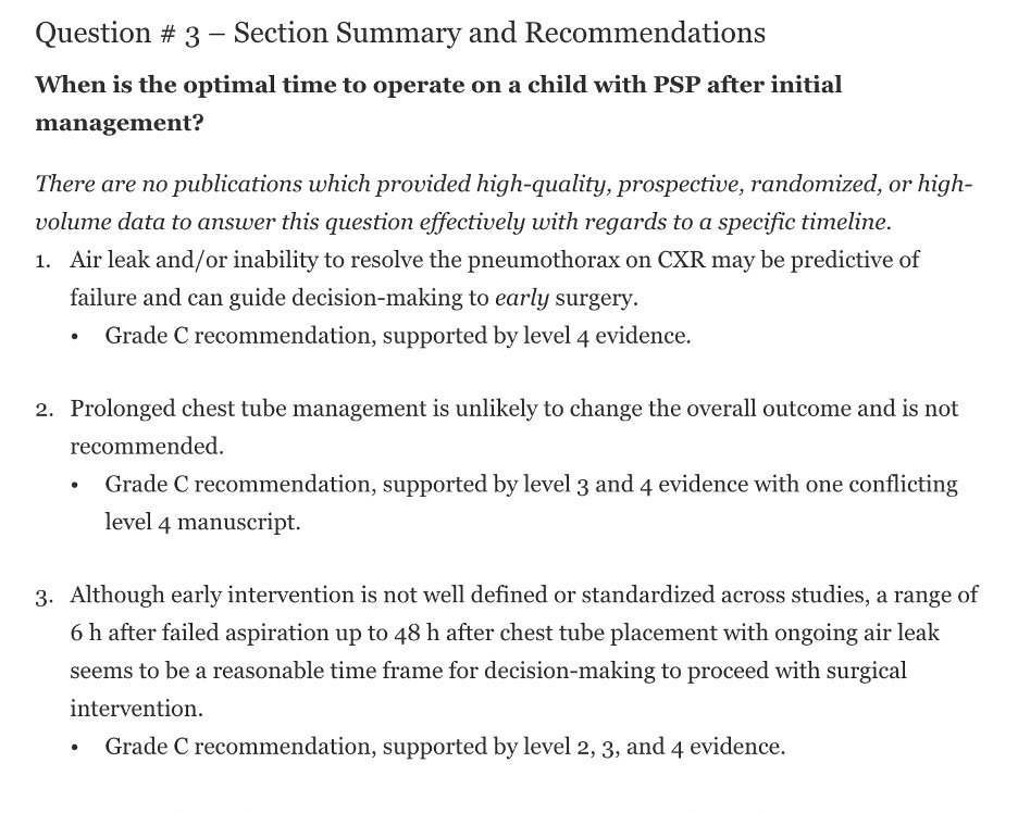 Breaking! On behalf of the @APSASurgeons Outcomes and Evidence-Based Practice Committee, check out this systematic review on Primary Spontaneous Pneumothorax by an incredible group of authors in @jpedsurg ! @LKelley_Quon Questions 1-3 below & full article: pubmed.ncbi.nlm.nih.gov/37130765/