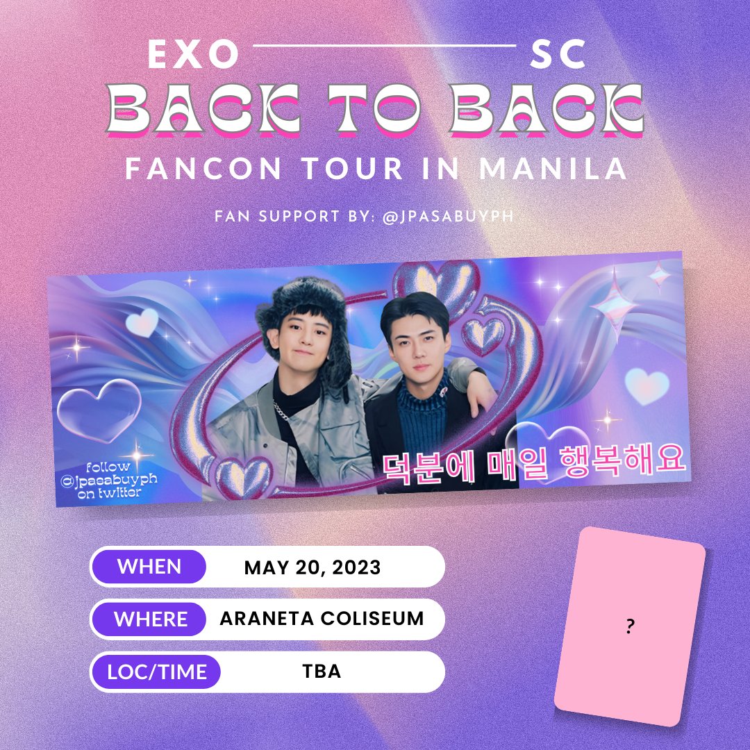 JPasabuyph's tweet photo. #EXOSCinMNL Fan Support by @JPasabuyph 🌸

We'll be giving away hand banner this upcoming EXO SC Back to Back Fancon in Manila! 

Also watch out for our Sale! See you! 💗

- like &amp; rt (show proof)
- 1:1 ratio

#EXOSCinManila #EXOSC_BackToBack https://t.co/aIhgBKCYHh