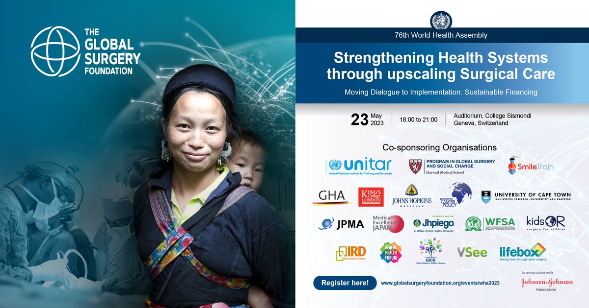 surgfoundation's tweet photo. THANK YOU to our Side Event co-sponsors!
Partnerships will make the difference at #WHA76
@UNITAR @HarvardPGSSC @Smiletrain @GHA_BDI @KingsGHP @JHGlobalSurgery @GlobalUct @Seiyakukyou @Jhpiego @wfsaorg @KidsOperating @IRDGlobal @Genevaforum @GICSurgery @VSee @SaferSurgery https://t.co/MGLqh6P0cK