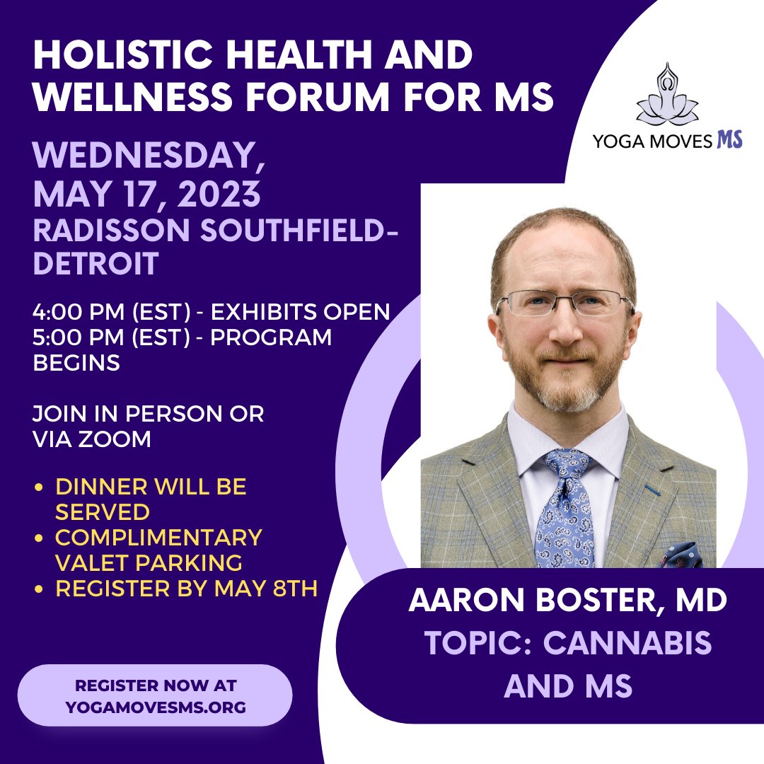 yogamovesms's tweet photo. Don't miss Dr. Boster's LIVE talk today about Cannabis for MS at 5pm ET. Register to receive the link or recording. So excited for our first HYBRID Holistic Health and Wellness for MS Forum
@AaronBosterMD 

#cannabis
#multiplesclerosis
#holistichealth 
#wellness https://t.co/041gvypg5d