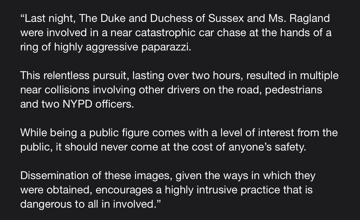 Last night, the Duke and Duchess of Sussex and Doria Ragland were involved in a terrifying paparazzi car chase involving six blacked out vehicles in a chase that could have been fatal. A spokesperson for the couple confirms:
