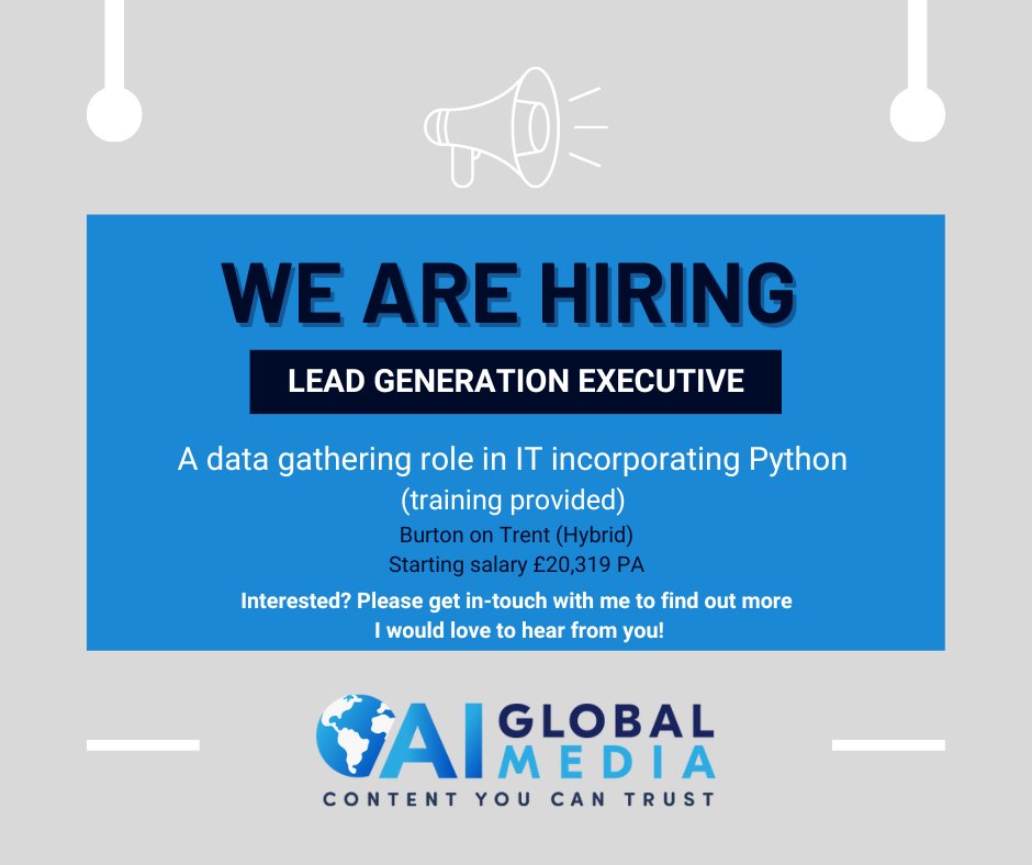 AI_Global_Media's tweet photo. WE ARE HIRING! Our IT department is looking to hire a Lead Generation Executive so if you have the skills and want to learn more then click here below to apply now! 👇
https://t.co/dJ1sjLivuq 
#Jobs #Careers #Vacancy #LeadGenerationExecutive https://t.co/4PCMsNdpTC