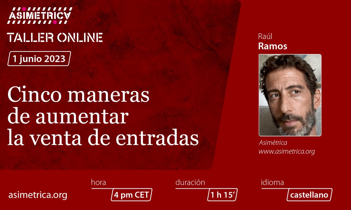¿Quieres mejorar e incrementar la venta de entradas?
Si trabajas en  #cultura, #artes,..., este #taller quizá te interese: "5 maneras de incrementar la venta de entradas para organizaciones culturales".

Info: asimetrica.org/servicios/form…

#marketingcultural #Marketing
