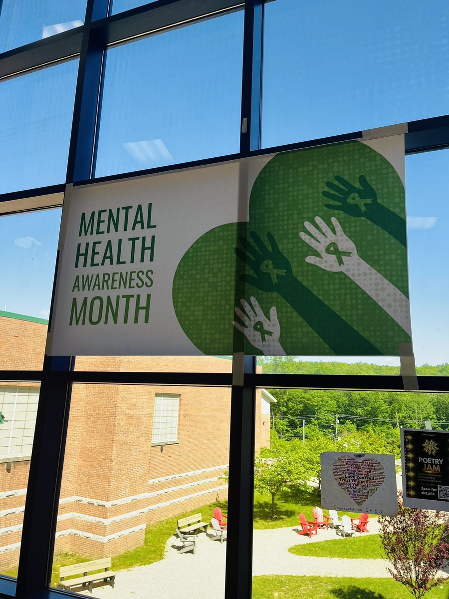 MrsCancellaroPV's tweet photo. Come to our PVHS main hallway, enjoy the views on this sunny day, and snap a photo by our #MentalHealthAwarewness banner! There’s still time to participate in our Self-Care Bingo and ✅ off some items!  @jluft1 @44natalie @JackieLevinePV @mattmello56 @LP10579 @PutnamValleyCSD https://t.co/0u2mEc48Ki