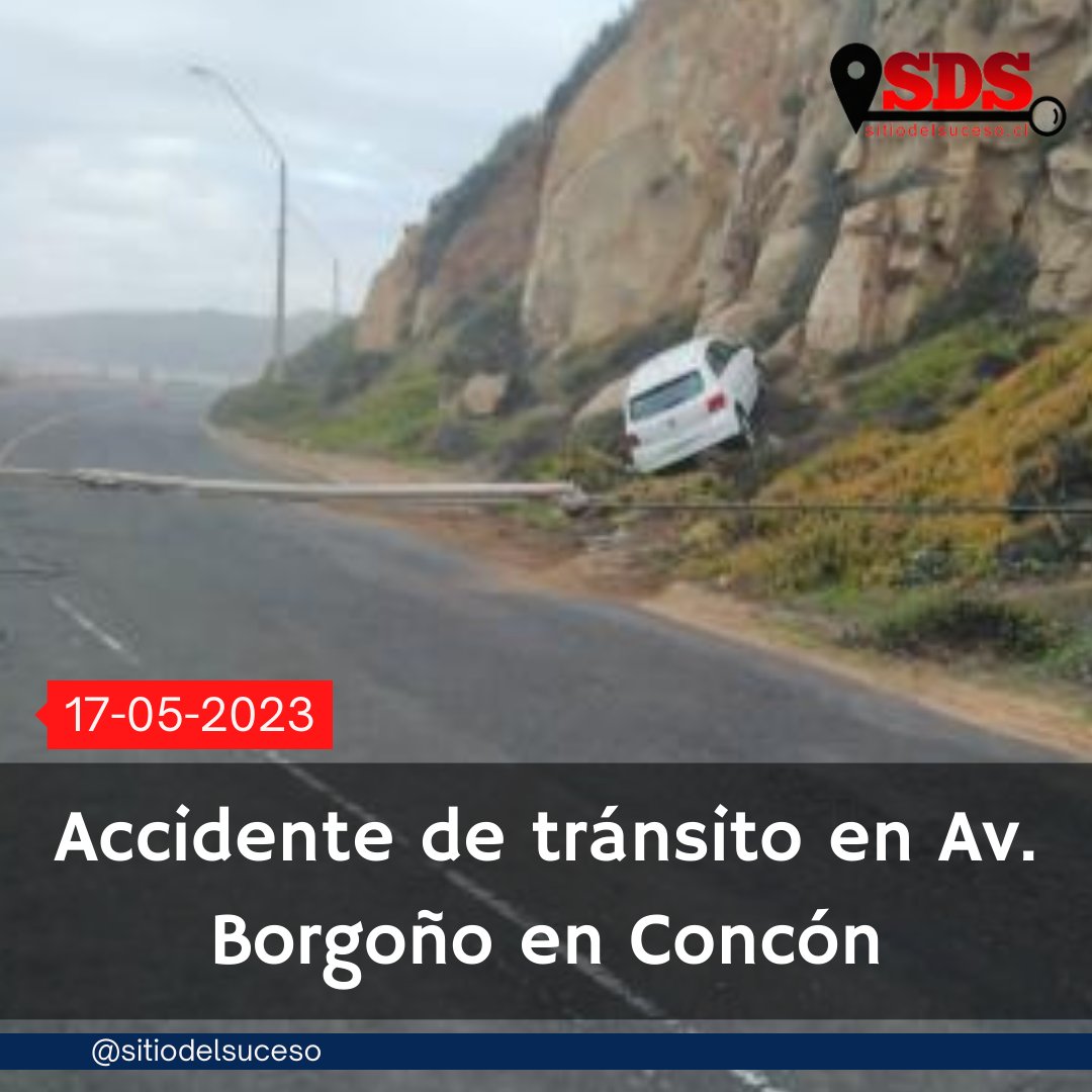 Choque de automóvil contra poste y ladera de cerro en Av. Borgoño, altura Roca Oceánica, en Concón. Hay desvíos de tránsito en el sector.