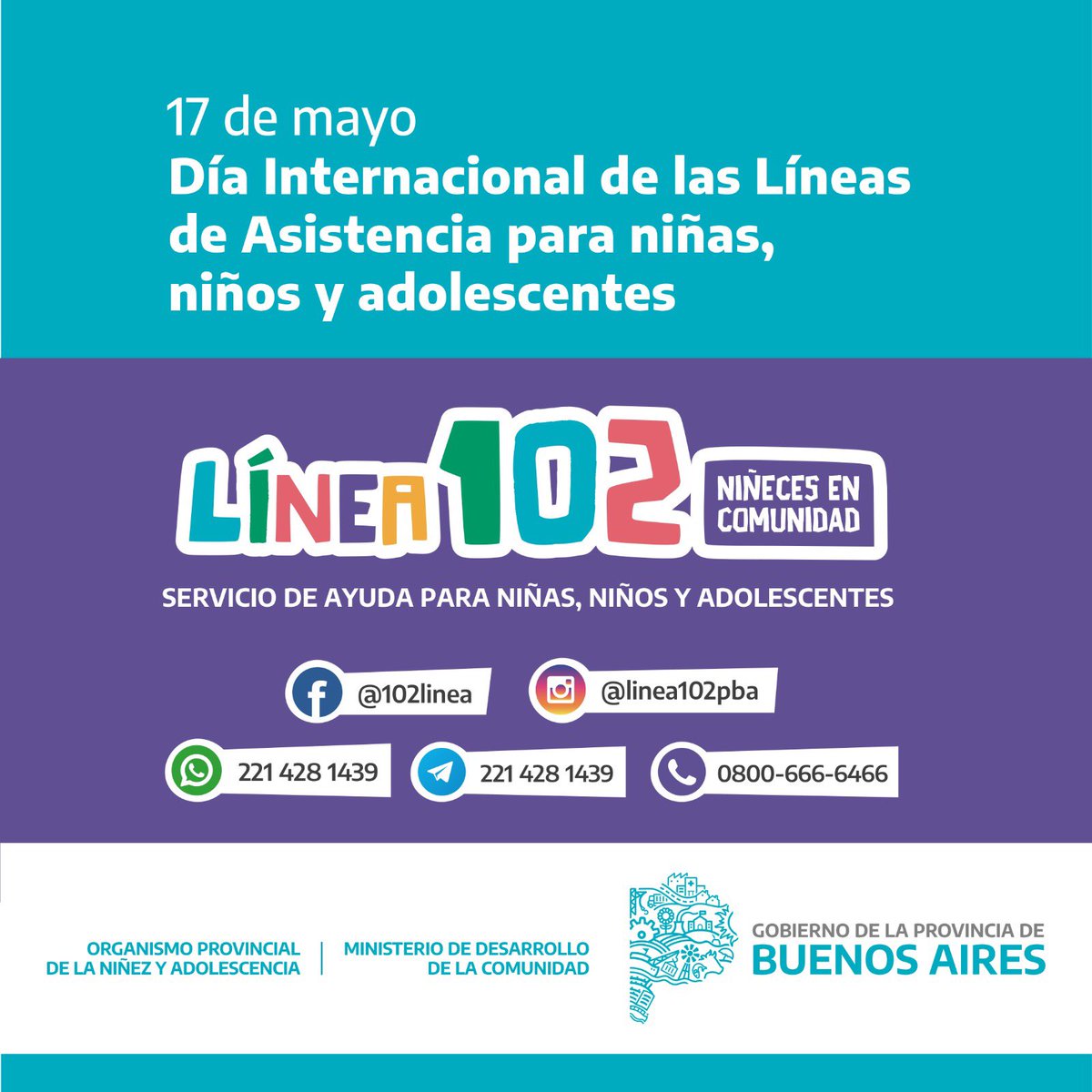 linea102's tweet photo. 📆17 de mayo - Día Internacional de las Líneas de Asistencia para las Niñeces y la Adolescencias.

@MinDesarrolloBA https://t.co/PxUfuUfNUh