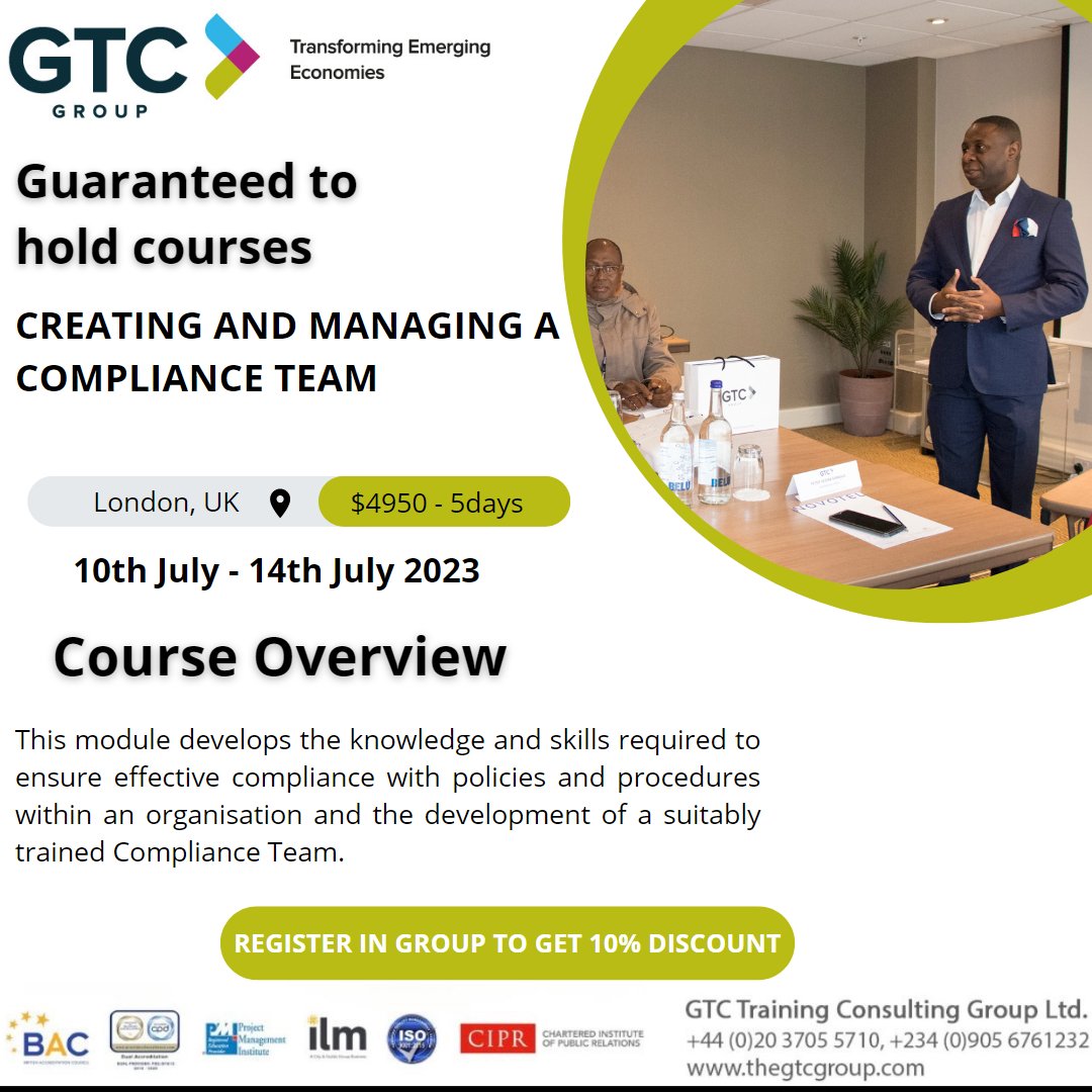 This course is suitable for Senior Decision-Makers of all public and private sectors.

Click this link to book this course
thegtcgroup.com/courses/creati…

#compliance #career #coursesinlondon #thegtcgroup #careergrowth #compliancetraining