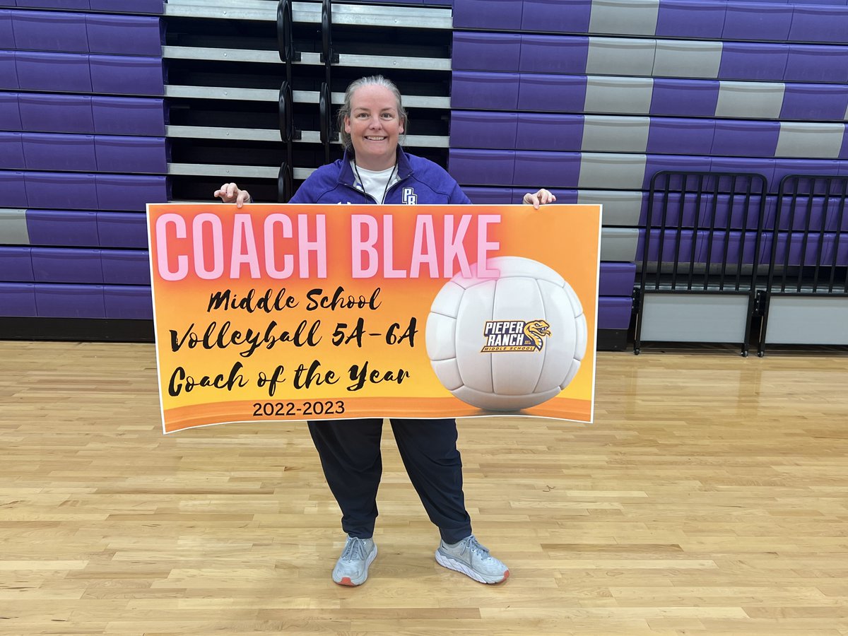 Huge congratulations are in order! The Texas Girls Coaches Association (<a href="/AustinTGCA/">TGCA</a> ) has selected Coach Blake as the 5A-6A Middle School Volleyball Coach of the Year!🏆 We are so lucky to have you on our team, and we are so proud of you, Coach Blake! 💜 Congratulations!!