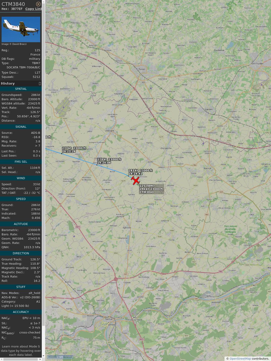 #PlaneAlert ICAO: #3B77EF Tail: #125 Flt: #CTM3840 
Owner: #FrenchAirForce
Aircraft: #SOCATA TBM 700A
2023/05/17 16:24:25
#TBM7 #Mil #FlightTest #ArmeeDeTerre #OuSontLesBagages #ToySoldiers defense.gouv.fr/terre 
globe.adsbexchange.com/?icao=3B77EF&s…