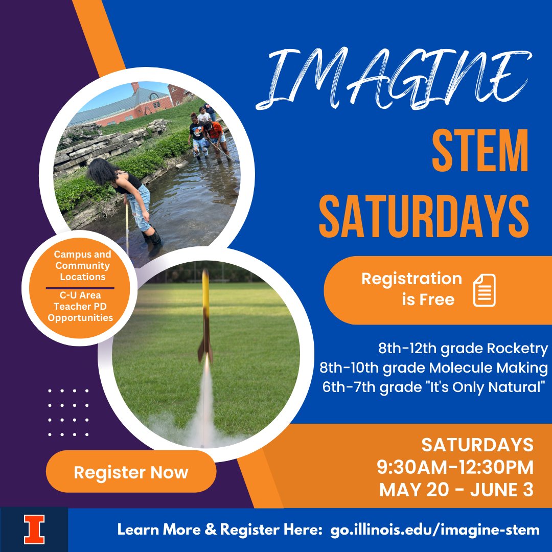 MSTE Office (@msteoffice) on Twitter photo Sign up for <a href="/WYSE_IL/">WYSE at Illinois</a>'s Imagine STEM Saturdays!
Seats are available for the middle and high school classes including Rocketry and Naturalist classes. Local teachers can sign up with some added professional development perks.
Learn more and register at go.illinois.edu/imagine-stem Sign up for <a href="/WYSE_IL/">WYSE at Illinois</a>'s Imagine STEM Saturdays!
Seats are available for the middle and high school classes including Rocketry and Naturalist classes. Local teachers can sign up with some added professional development perks.
Learn more and register at go.illinois.edu/imagine-stem