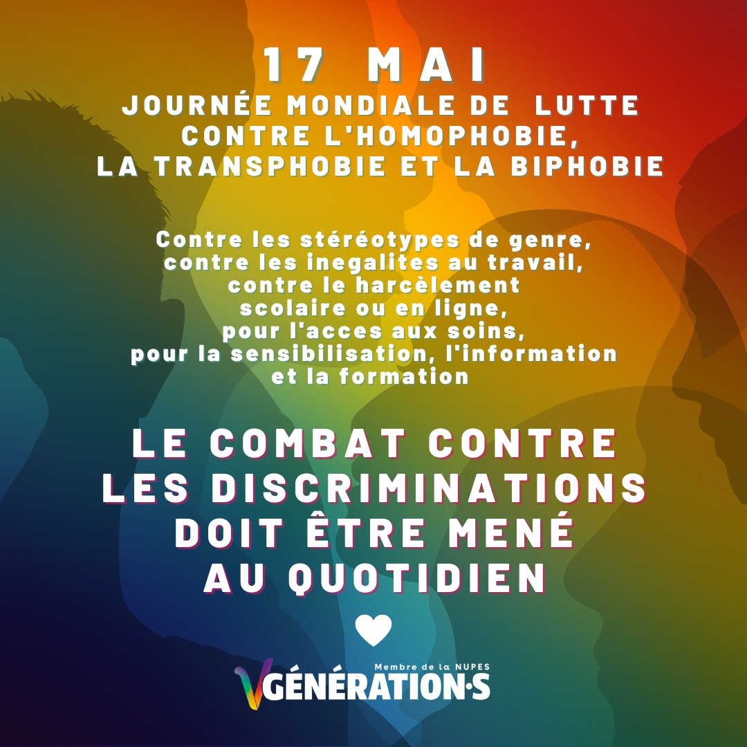 GenerationsLeze's tweet photo. #RT @GenerationsMvt: Aujourd'hui c'est le #17mai, une journée pour rappeler l'importance du combat pour l'égalité de toutes et de tous.

Aujourd'hui et tous les autres jours de l'année, contre les haines, les violences et les discriminations. https://t.co/Z056ycOLky