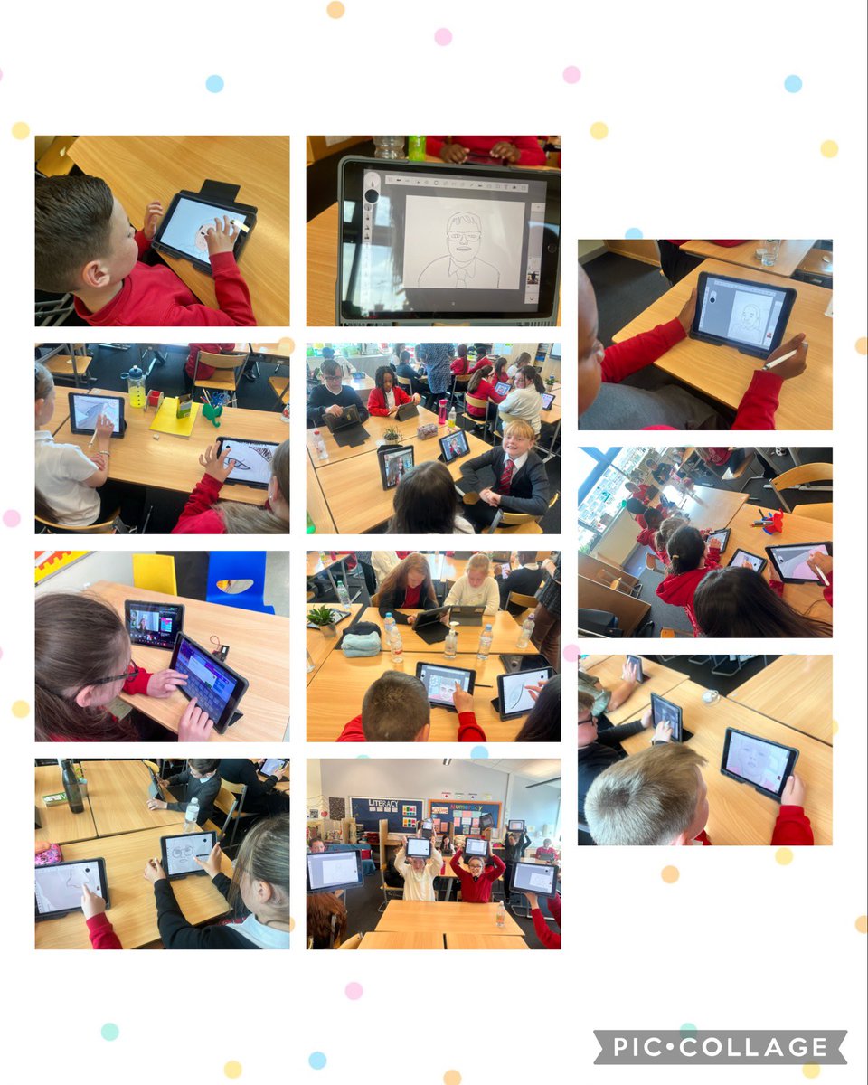 StJohnPaulGCC's tweet image. P6/7 and P6 enjoyed using Sketchbook today with Miss Quinn to create pop art self portraits 🎨 #digitallearningweek2023