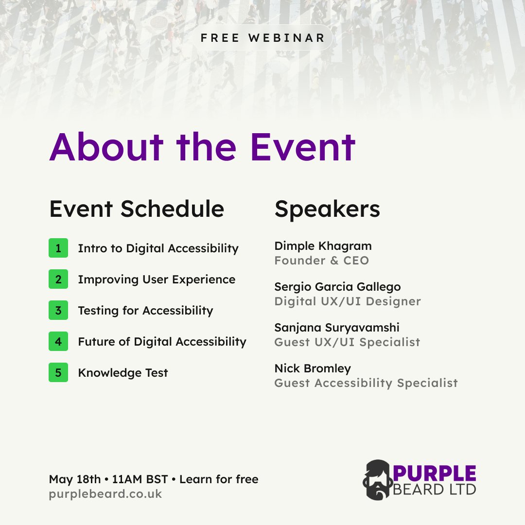 purplebeardltd's tweet photo. Get ready to make your digital presence fully accessible using the insights shared by industry experts tomorrow!

To improve access to your digital content and to gain access to our comprehensive guide on #DigitalAccessibility use the link below

https://t.co/gmGGxbT6QF https://t.co/ccYq4kWxnD