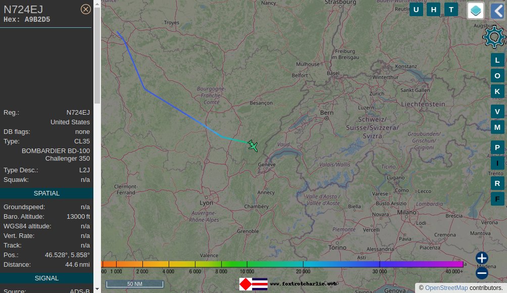 Foxcharlie's tweet image. New #Aircraft #BombardierAerospace #Bombardier BD-100-1A10 Challenger 350 ✈️ flying in range of #ChalonSurSaone receiver at 25275ft with tail N724EJ ICAO code A9B2D5 #UnitedStates #FoxtrotCharlie #ADSB 📡 #RaspberryPi #tar1090 foxtrotcharlie.ovh/newaircrafts