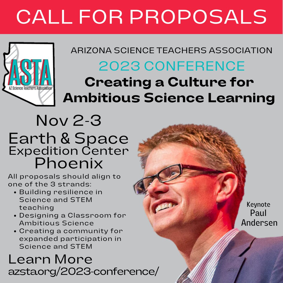 We're accepting proposals for our fall conference, Creating a Culture for Ambitious Science Learning, Nov 2-3. azsta.org/2023-conferenc…