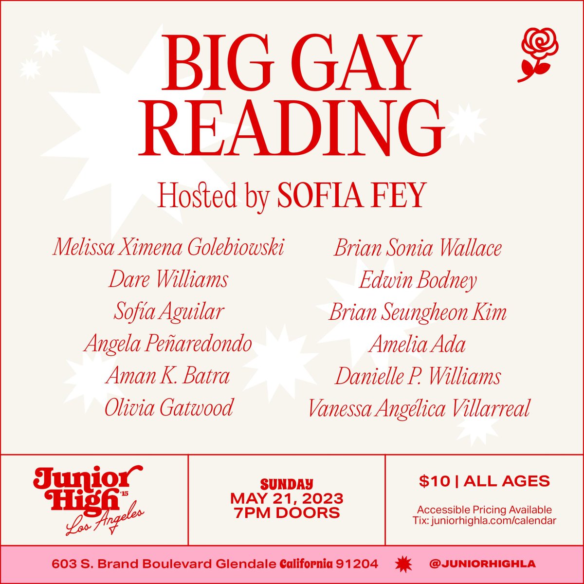 LA folks!! 🚨 i'm so so excited to be included in this fantastic line-up of writers for a BIG GAY READING this weekend, hosted by the amazing @sofiafeycreates !! get ready for good writing and gay times 🌈✨

Tix here:  juniorhighla.com/calendar