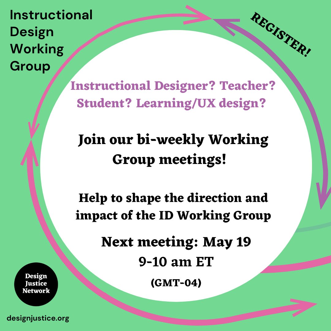 DJN_IDs's tweet image. Please join us for our next open meeting, this Friday May 19 at 9 am ET on Zoom! Tentative agenda items, &amp;amp; the link to register for Zoom, here: docs.google.com/document/d/1zO… 

Help shape the ID working group&apos;s next steps! #designjustice #designjusticenetwork #instructionaldesign