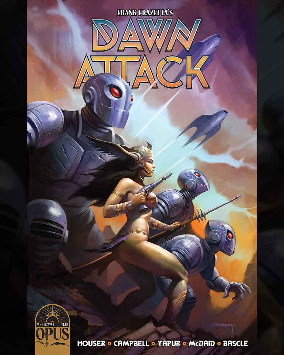 OpusPublishing's tweet photo. Frank Frazetta's #DAWNATTACK issue #4 is in stores today! Check in with your local comic shop and be sure they're ordering the series 🤘 @FrazettaGirls
Cover (A) Patrick Reilly
Cover (B) Frank Frazetta, himself
Cover (C) @SiyaOum
Cover (D) @alanquah https://t.co/yos7jSEiiM