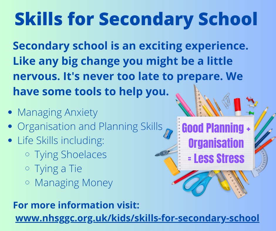 If you are starting Secondary School soon and you’ve missed our recent #skillsforsecondaryschool posts, don’t worry it’s never too late to prepare. Visit our Skills for Secondary School page for hints, tips and strategies nhsggc.org.uk/kids/skills-fo….