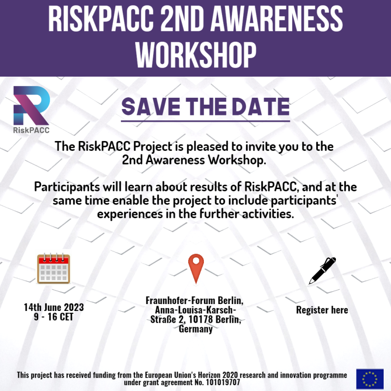 Do you want to discover the latest results of <a href="/RiskPacc/">RiskPACC EU Project</a> ? Are you curious to test the project solutions in person and contribute to their improvement? <a href="/RiskPacc/">RiskPACC EU Project</a> is organising the 2nd #AwarenessWorkshop  in Berlin. 
Register here 👉 ec.europa.eu/eusurvey/runne… and save your spot!!