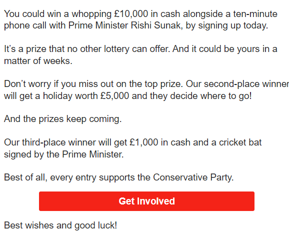 PolitlcsUK's tweet photo. 🚨 | BREAKING: Rishi Sunak has launched "Conservative Lottery" in which Tory members can win £10k cash, a signed-cricket bat, and a 10-minute phone call with him... https://t.co/4hvC0nDNT1