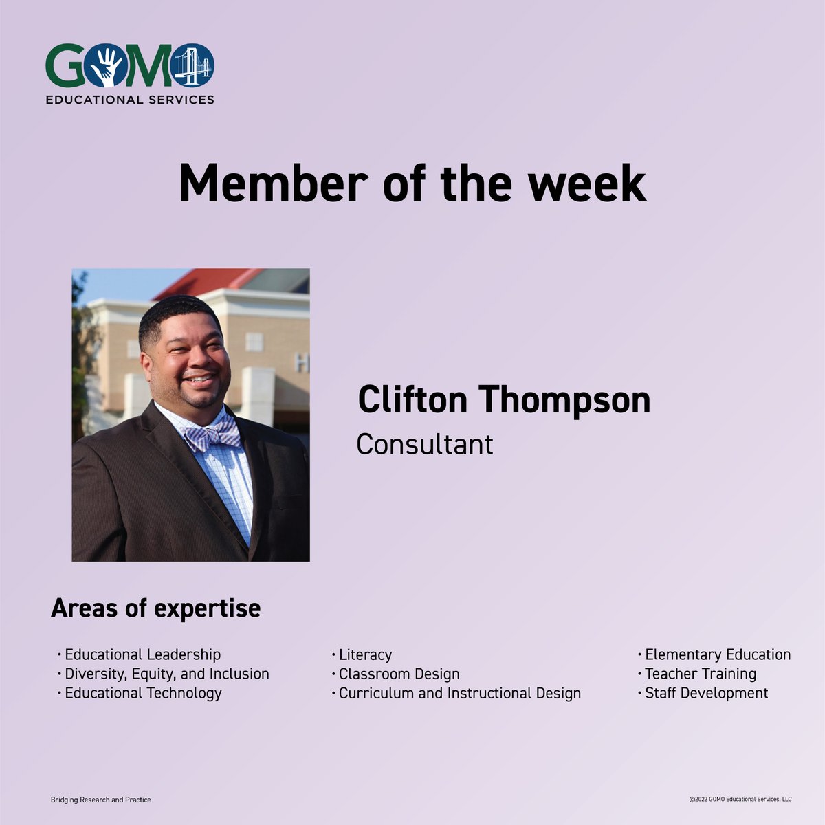 Today's GOMO Family Member spotlight is Clifton Thompson (@CJTHOMPSONIII), consultant for GOMO and one of our many keynote speakers speaking on important topics such as #equity and #inclusion. Thank you for all that you do for GOMO and sharing your expertise! #WhyGOMO