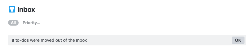mikepond's tweet photo. @culturedcode Is there a keyboard shortcut that is the equivalent of clicking this "OK" button, which clears out the greyed-out list of items that have been moved out of the Inbox? https://t.co/kOWAaxGPeQ