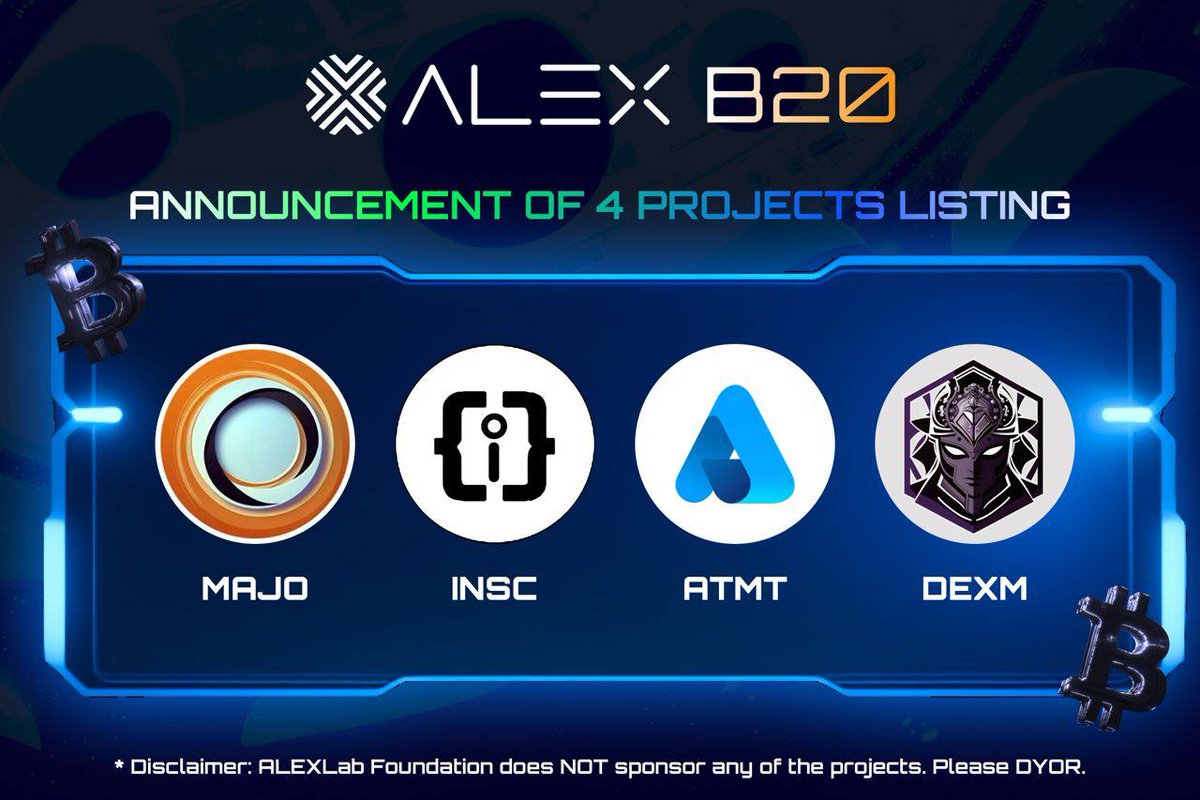 🚀 Attention everyone! We're announcing 4 new projects listing on #B20ByALEX on Friday May 19 at 10AM EST! ⭐️ $MAJO ⭐️ $INSC ⭐️ $ATMT ⭐️ $DEXM To learn more about these projects and get your questions answered, join us for an AMA session on Friday May 19 at 9AM EST. Stay tuned…