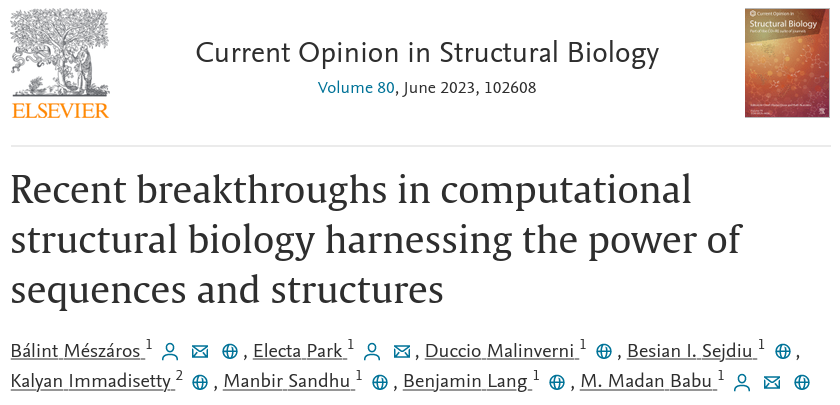 Our review from the Babu group <a href="/StJudeResearch/">St. Jude Research</a> and <a href="/StJudeStructBio/">Structural Biology at St. Jude Children's Hospital</a> about current developments in computational structural biology is out in <a href="/COSB_CRSB/">Current Opinion/Research in Structural Biology</a>! Access for free (until July 1, 2023) here: sciencedirect.com/science/articl… - short summary 👇