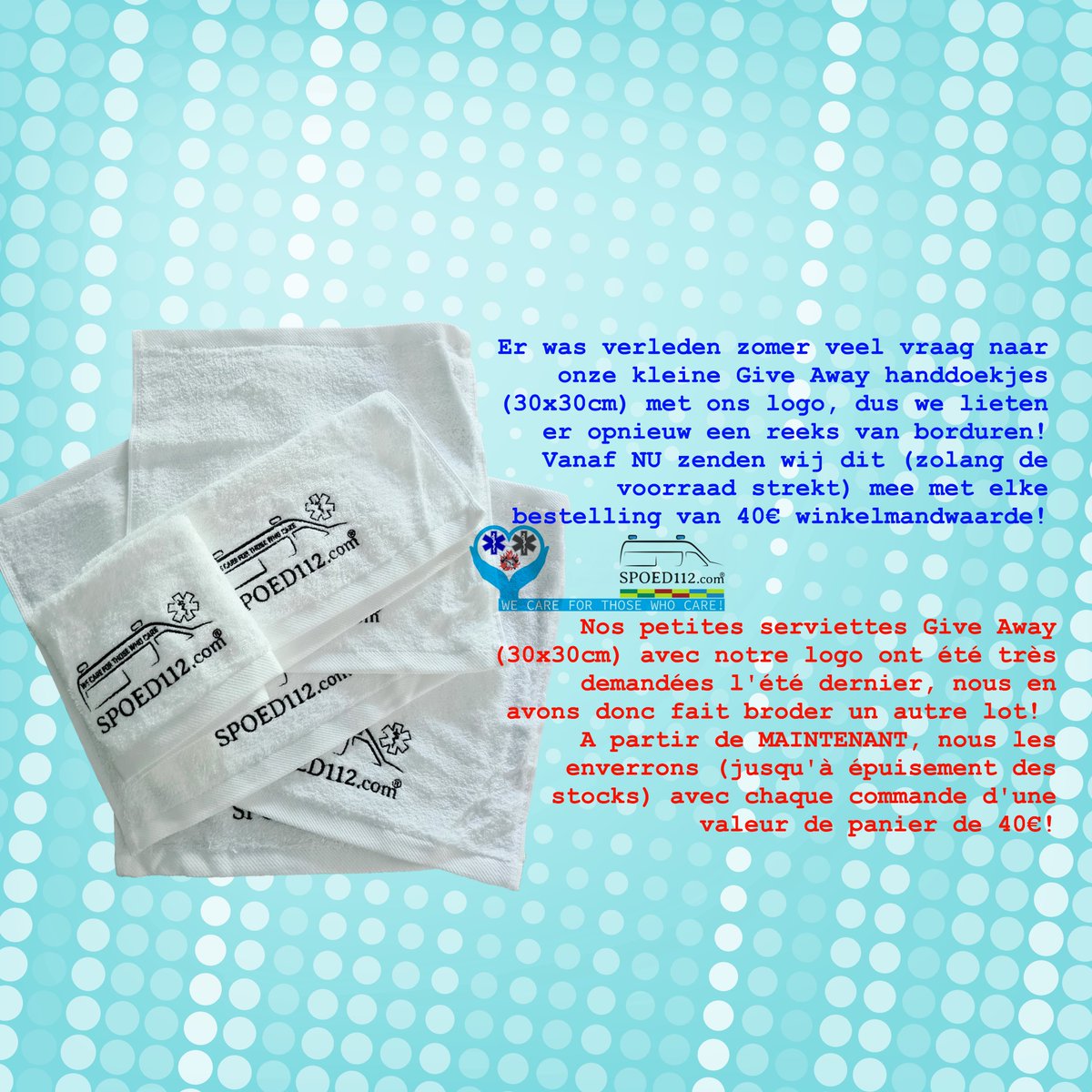 Het word langzaam maar zeker weer warmer en warmer en na het succes van onze handdoek giveaway verleden jaar hebben we opnieuw een reeks laten borduren zodat jullie na een interventie je voorhoofd kunnen afvegen... Zolang de voorraad strekt 
spoed112.com