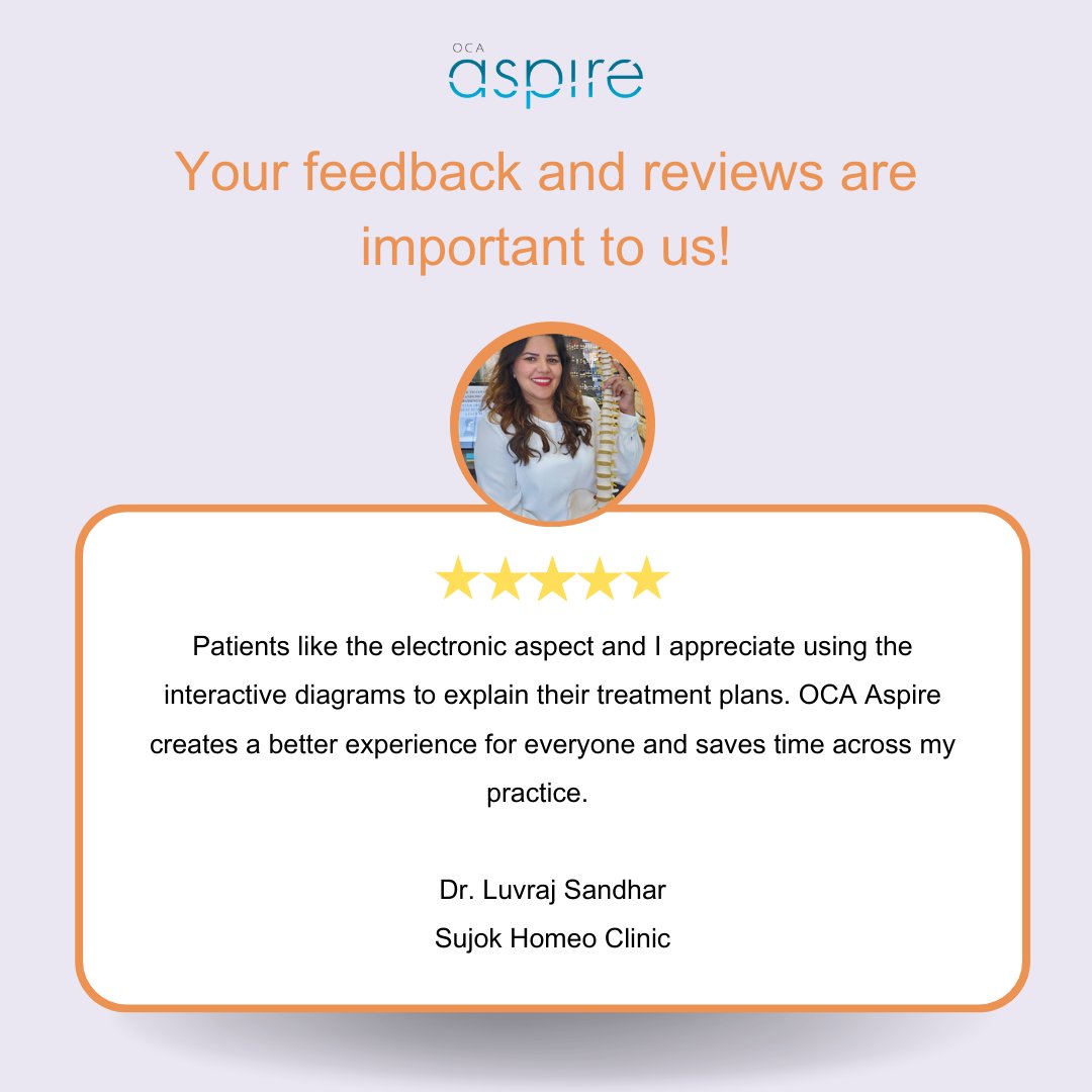 Dr. Sandhar and her patients love the OCA Aspire!👏
Discover OCA Aspire's EHR - built-in templates, intuitive AI, and digital note-taking. 
Book a demo now! Link in bio.
#OCAAspire #ElectronicHealthRecord #EHR #cloudbased #reviews #testimonials #ontario #chiropractic