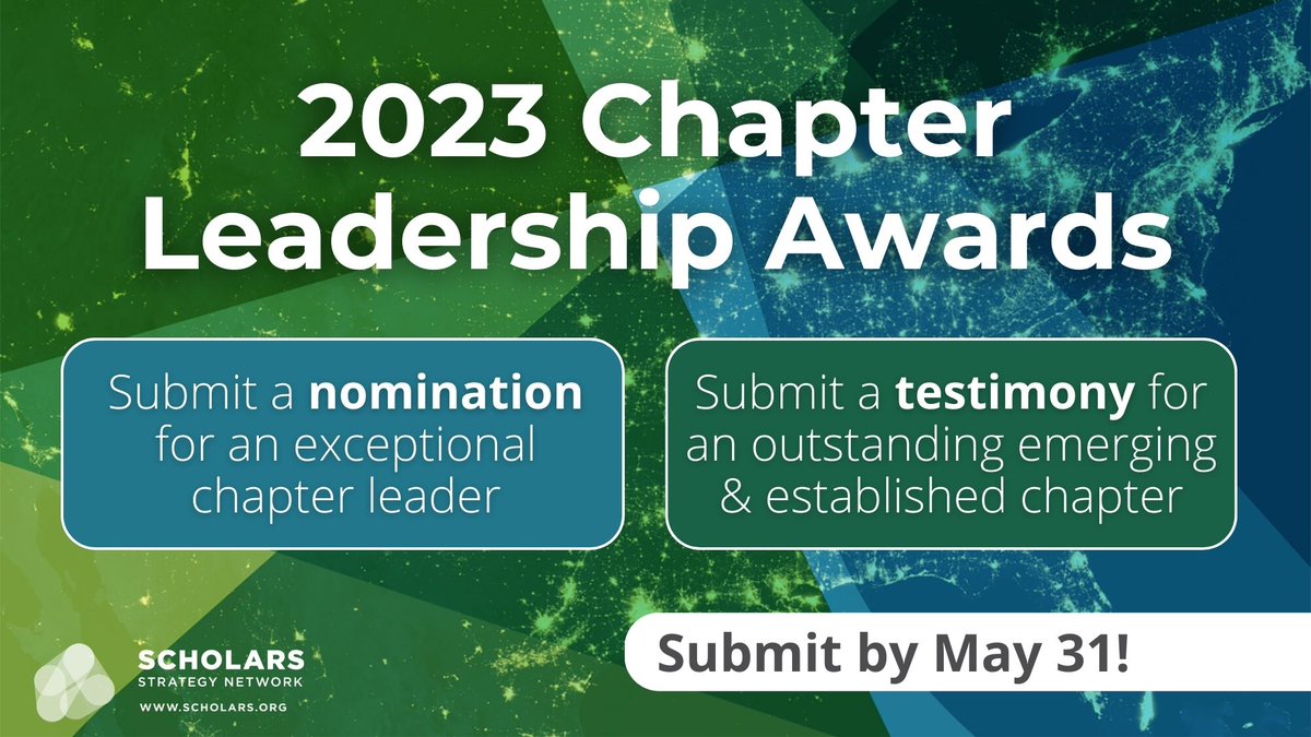 📢Now accepting nominations for the 2023 Chapter Leadership Awards!   

Please join us in recognizing SSN’s extraordinary chapter leaders by submitting a nomination or testimonial for 3⃣ awards w/ cash prizes!  

Learn more &amp; view the eligible nominees: scholars.org/sites/scholars…