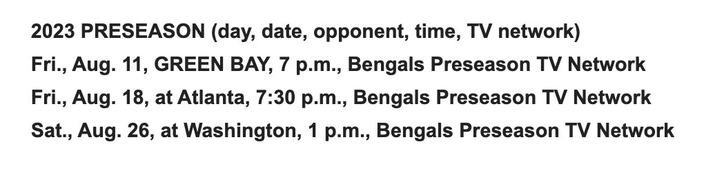 Bengals 2023 Preseason Schedule Finalized