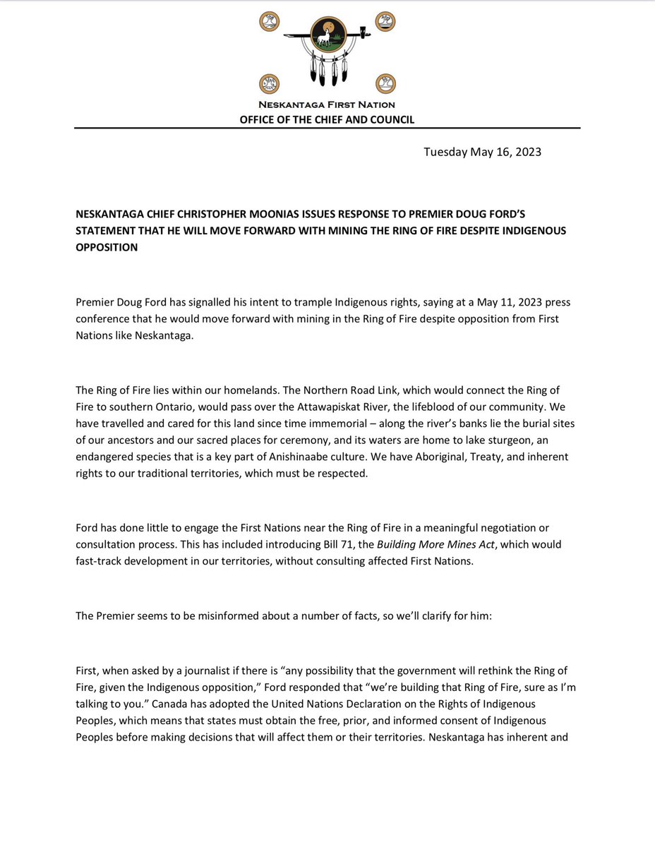 can_ndn's tweet photo. @NeskantagaFN’s response to @fordnation’s intention to move forward with mining without #Neskantaga’s free, prior and informed consent. #FreePriorAndInformedConsent #HonourTheTreaties #onpoli #waterislife #ProtectTheEnvironment #peatlands #socialjustice #grassroots #humanrights https://t.co/n5AKp4aA46