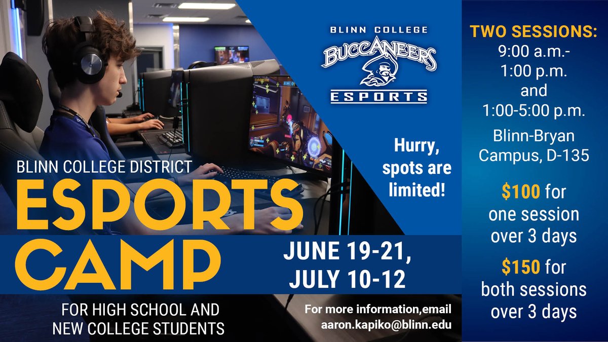 Want to up your game? <a href="/blinnesports/">Buccaneers Esports</a> will host 2 esports camps this summer for high school and college students! Improve your skills and learn more about #Blinn's NJCAA national championship-winning program. Email aaron.kapiko@blinn.edu for more info.