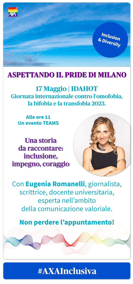 Eugenia Romanelli (@eugeniaromanel1) on Twitter photo Un onore essere testimonial della #IDAHOBIT per <a href="/AXAItalia/">AXA Italia</a>: ho parlato come donna, bisessuale, omogenitrice, a 50 anni founder di ReWorld srl e del #ReWritersFest. Intanto #NataConNoi, ora in libreria, è primo libro su una famiglia omogenitoriale femminile <a href="/GiuntiEditore/">Giunti Editore</a> Un onore essere testimonial della #IDAHOBIT per <a href="/AXAItalia/">AXA Italia</a>: ho parlato come donna, bisessuale, omogenitrice, a 50 anni founder di ReWorld srl e del #ReWritersFest. Intanto #NataConNoi, ora in libreria, è primo libro su una famiglia omogenitoriale femminile <a href="/GiuntiEditore/">Giunti Editore</a>