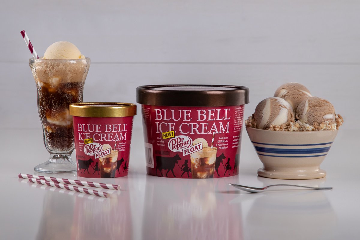 Two iconic brands, Blue Bell® and Dr Pepper®, have teamed up to create one delicious ice cream flavor, Dr Pepper Float - our creamy vanilla ice cream swirled together w/Dr Pepper flavored sherbet. Find it in the half gallon and pint sizes beginning today!