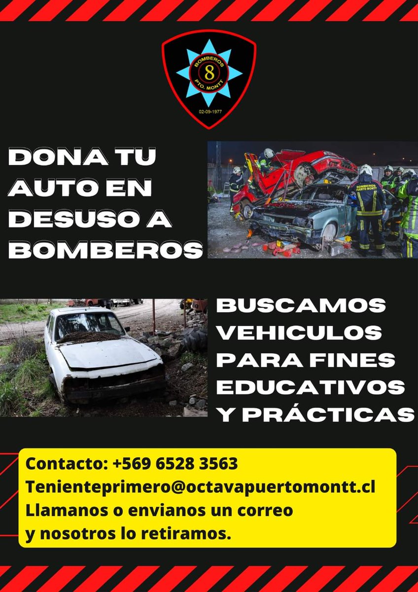 OctavaCBPM's tweet image. Estimados amigos, el día de hoy damos inicio a la campaña “Dona tu Auto”, la cual tiene como finalidad encontrar vehículos en desuso para uso educativo y práctico para los miembros de nuestra compañía.
Agradecemos que nos ayudan a compartir:  facebook.com/16187697751188… #PuertoMontt