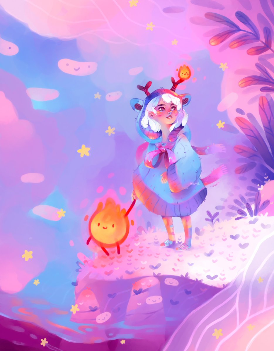 Illustration for the <a href="/ellievsbear/">🌸ellie🌸</a>  DTIYS 
"La promenade des étoiles"

#illustration #dtiys #ellievsbear #color