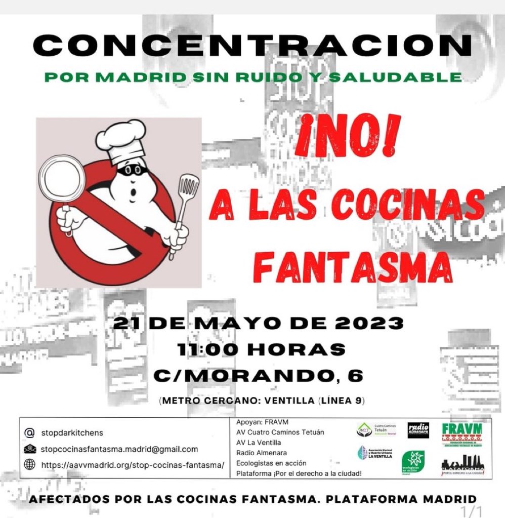 VecinosDeLaVentilla (@vventilla) on Twitter photo Este domingo nos juntamos para seguir protestando por la proliferación de cocinas fantasma al amparo de <a href="/AlmeidaPP_/">José Luis Martínez-Almeida</a> @MarianoFuentesS <a href="/begonavillacis/">Begoña Villacís</a> <a href="/MADRID/">Ayuntamiento Madrid</a> @ppmadrid_ <a href="/CsMadridCiudad/">Ciudadanos Madrid Ciudad</a>
Nos vemos el día 21 a las 11h en la calle Morando 6, en el distrito de Tetuán en Madrid. Únete! Este domingo nos juntamos para seguir protestando por la proliferación de cocinas fantasma al amparo de <a href="/AlmeidaPP_/">José Luis Martínez-Almeida</a> @MarianoFuentesS <a href="/begonavillacis/">Begoña Villacís</a> <a href="/MADRID/">Ayuntamiento Madrid</a> @ppmadrid_ <a href="/CsMadridCiudad/">Ciudadanos Madrid Ciudad</a>
Nos vemos el día 21 a las 11h en la calle Morando 6, en el distrito de Tetuán en Madrid. Únete!