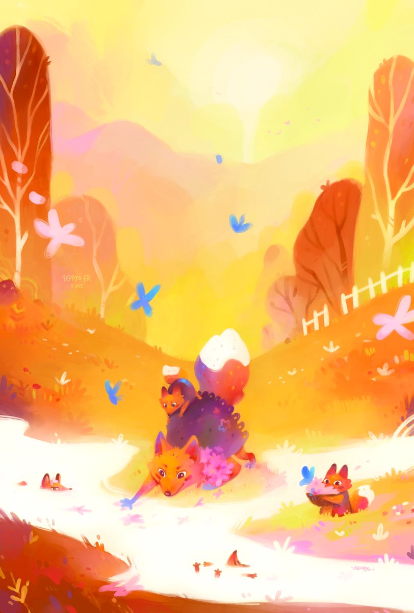 La famille renard qui cueillent des fleurs dans la rivière brumeuse 🌸🍂🍁🦊

#illustration #fox #familly #autumn