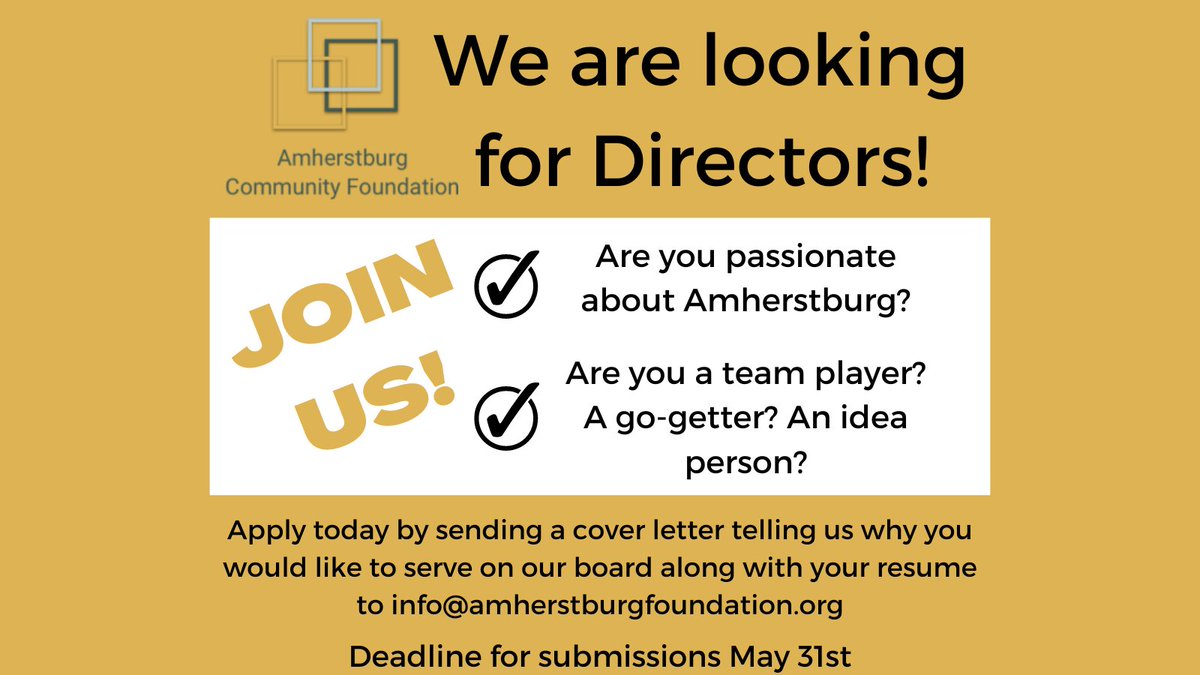 The Amherstburg Community Foundation is looking for directors! If you are interested please apply today!