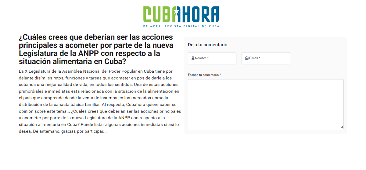 CUBAH0RA's tweet photo. ‼️Tenemos un nuevo #ForoDebate para tí‼️ 

💭¿Cuáles crees que deberían ser las acciones principales a acometer por parte de la nueva Legislatura de la ANPP con respecto a la situación alimentaria en Cuba? https://t.co/wZyRiz46tv