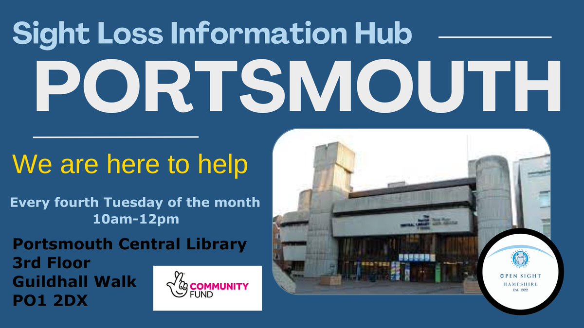 Open_Sight's tweet photo. Our #Portsmouth #SightLoss Information #Hub  is located at Portsmouth Central Library.
Just pop-in  every fourth Tuesday of the month.
Next date: 23rd May
https://t.co/NGHac3cDW3
Come &amp; chat with our Sight Loss Advisor  #Hampshire #VisuallyImpaired, #PartiallySighted or #Blind https://t.co/kOdoxZkwUl
